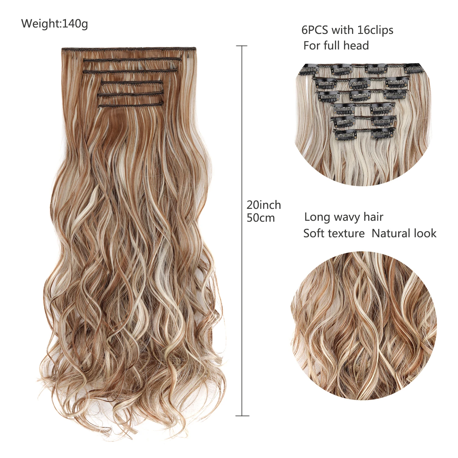 Jeedou 20 Inch 140g Clip In Hair Extensions 6Pcs 16 Clips Long Wavy Synthetic Ombre Hair Pieces for Women Full Head