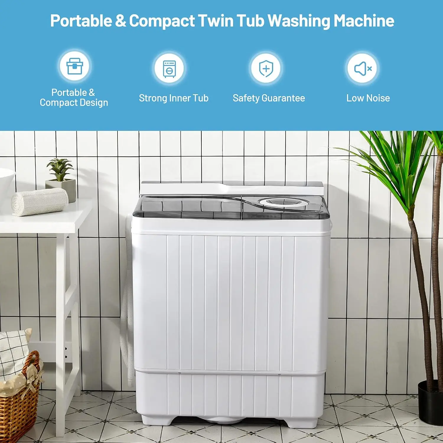 Washing Machine Semi-automatic Twin Tub Washer with Spin Dryer 26lbs Capacity Built-in Drain Pump Portable Laundry Washer