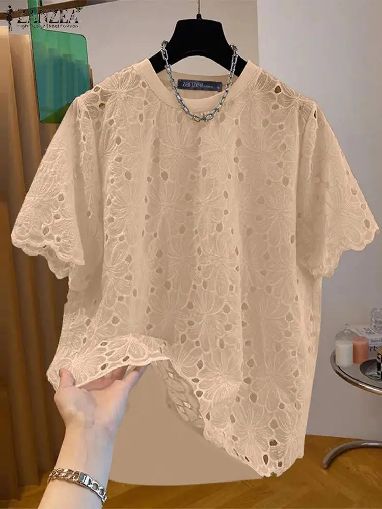 2024 ZANZEA Fashion Summer Lace Patchwork Blouse Women Hollow Out Tops Solid Loose Holdiay Shirt Elegant Puff Sleeve Work Blusas