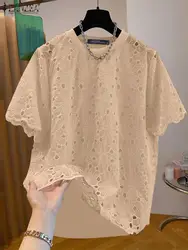 2024 ZANZEA Fashion Summer Lace Patchwork Blouse Women Hollow Out Tops Solid Loose Holdiay Shirt Elegant Puff Sleeve Work Blusas