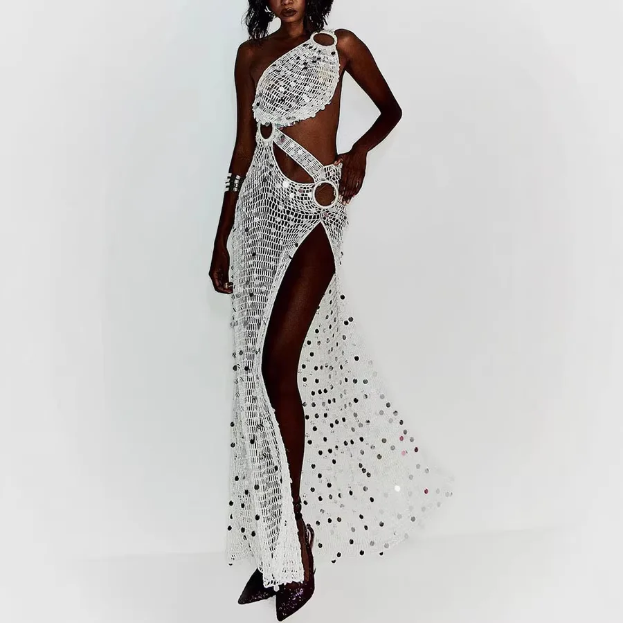 Elegant One Shoulder Evening Dress Waist Cutout O Ring Detail Crochet Mesh Sequin High Slit Vacation Formal Maxi Dress for Women