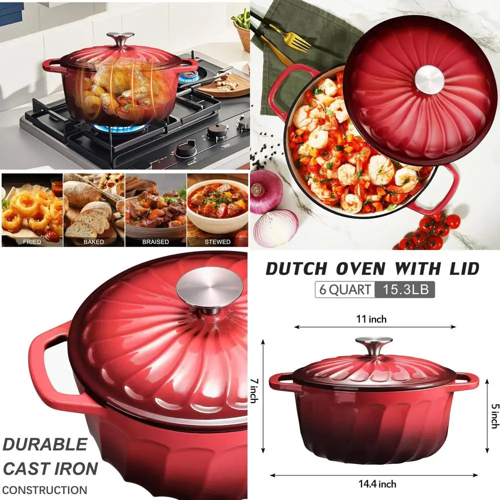 

6-Quart Enamel-Coated Cast Iron Dutch Oven with Lid, Ideal for Bread Baking and Braising, Oven Safe, All Cooktops Compatible (Re