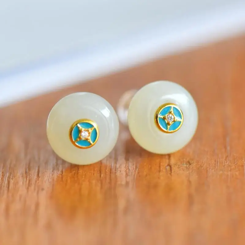 Genuine China Nephrite Stone White Hetian Jade 925 Silver Star Donut Earrings Women Certified Jewelry Gor Girlfriend Mom Gifts