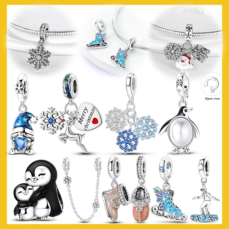 925 Sterling Silver Snowman Snowflake Charms Bead CZ Zircon Winter Series Pendants Fit Original Bracelet DIY Jewelry Gift