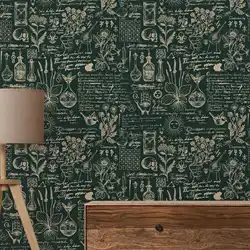 Green Medicine And Herbal Wallpaper - Beige Design Wallpaper Mural ,Retro Style Mural - Wall Art Decor Peel And Stick Wall Paper