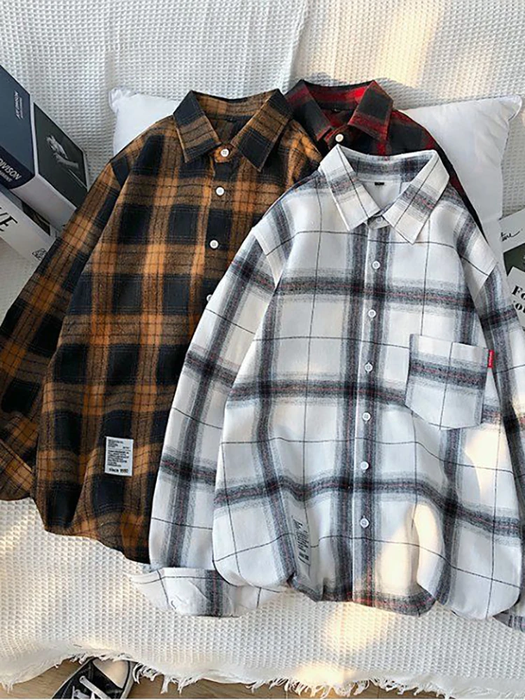 Women Plaid Shirts Vintage Oversize Blouse Female Loose Casual Long Sleeve Button Up Tops Checkered Shirt Femme Blusas