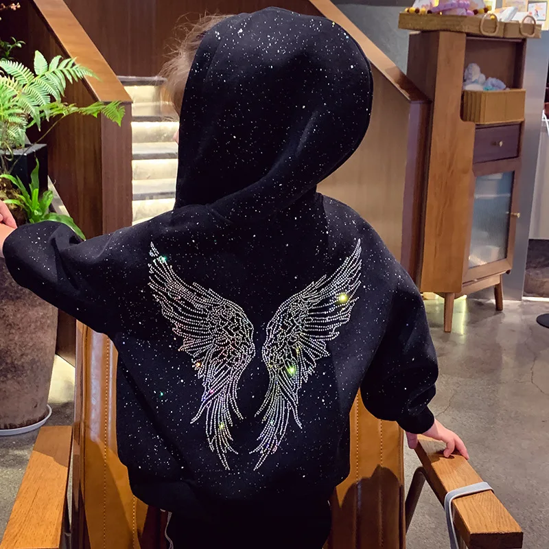 

2025 New Hot Selling Design with Loose and Rhinestone Back Wing Pattern Hooded Thick Hoodie