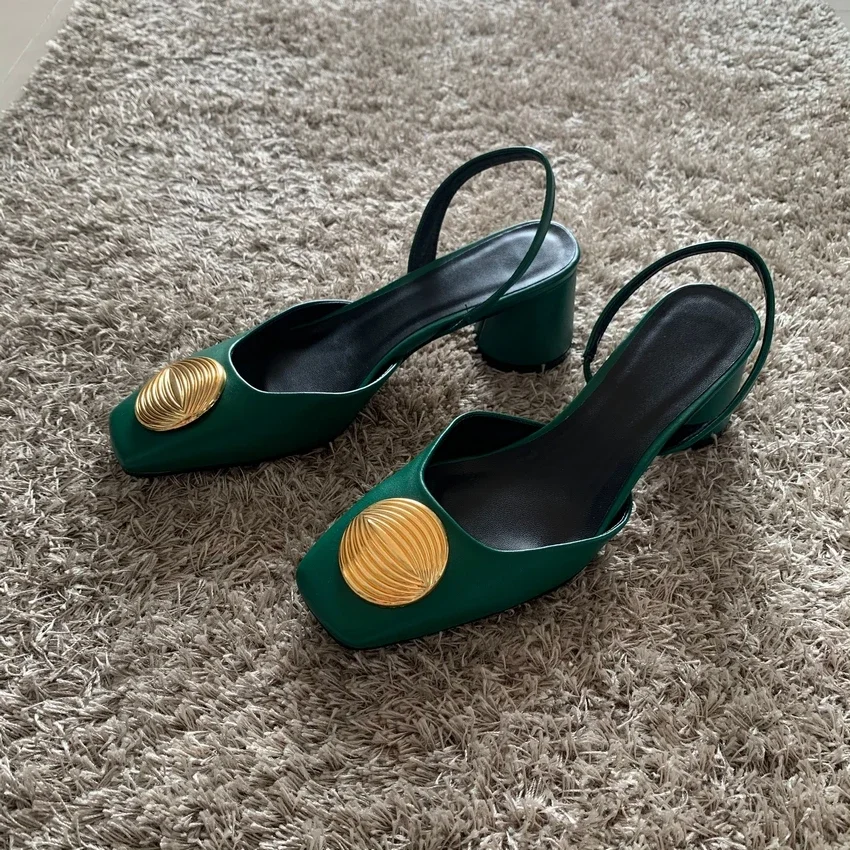 Green High Heels for Women 2024 Fashion Squared Toe Leather Slingbacks Pumps Elegant Lady Heeled Shoes Autumn Luxury Heels