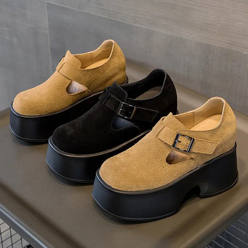 

Женская обувь на танкетке из натуральной кожи на очень толстой подошве 11 см, осенне-весенняя модная женская обувь на скрытом каблуке с пряжкой