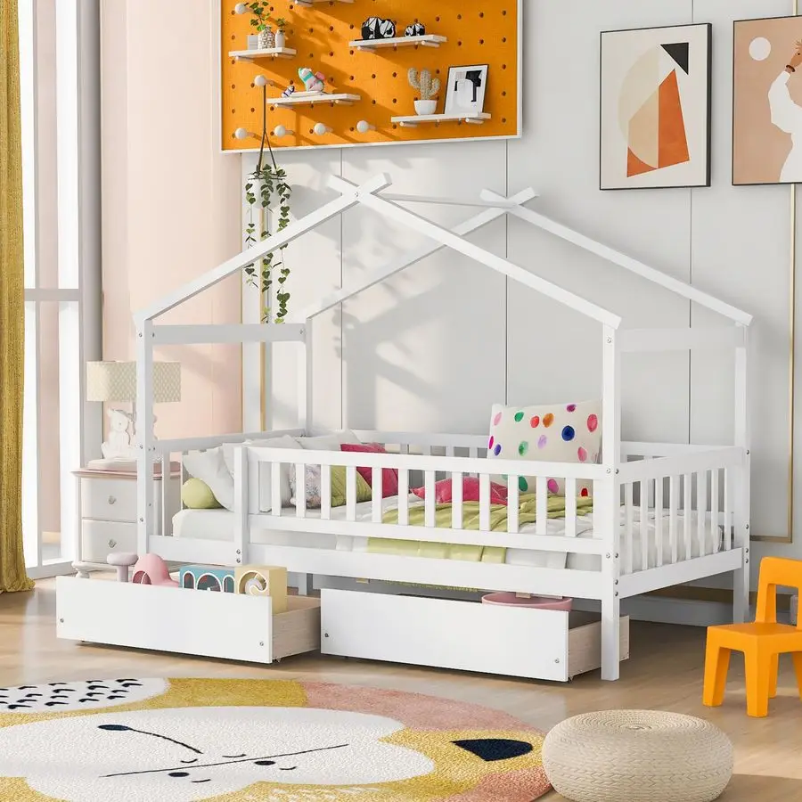 

Twin House Beds with 2 Storage Drawers, White Kids Bed Frame with Rails and Roof,Tent Beds Wooden Daybed, Twin Montes