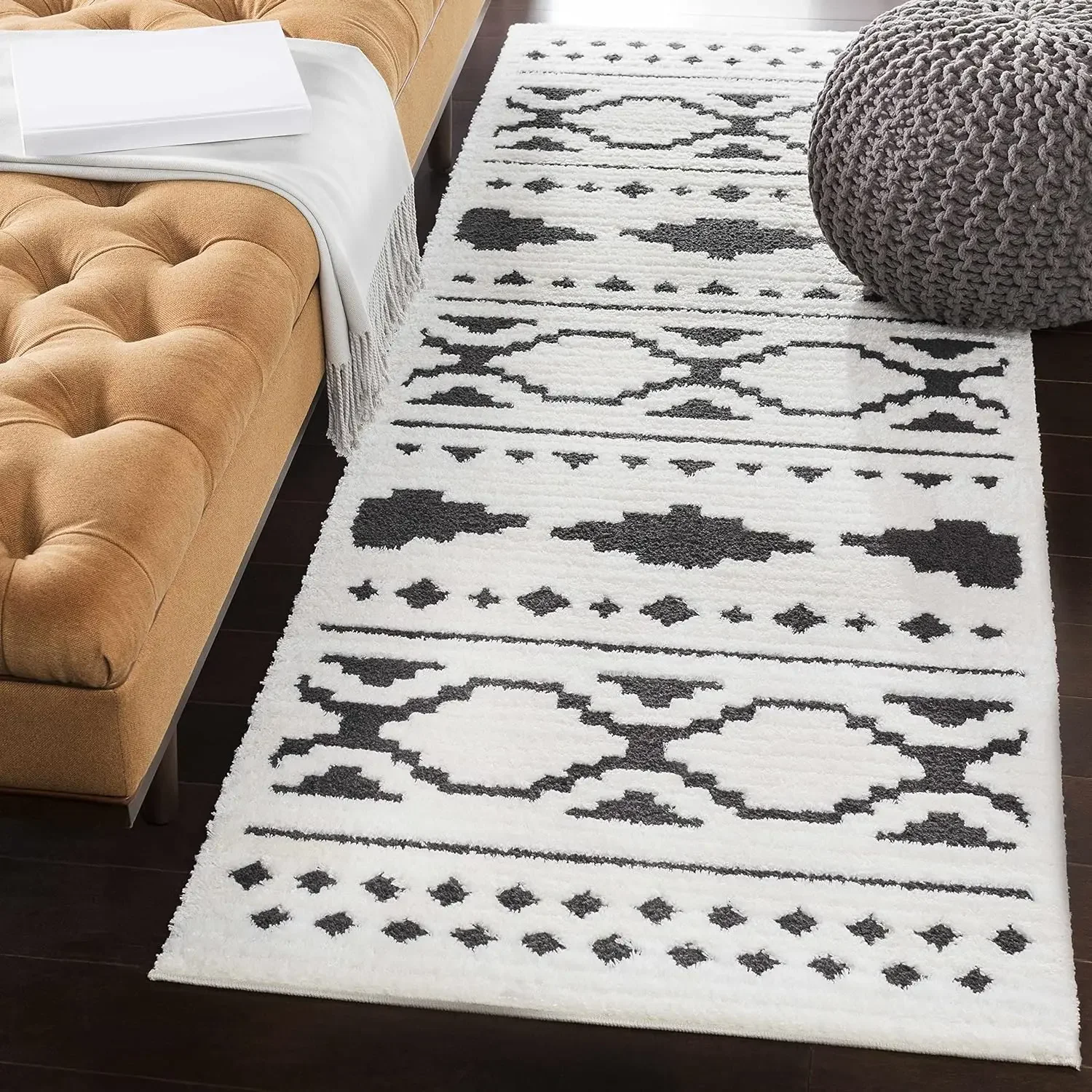 

Bohemian Farmhouse Shag - Charcoal Black and White Moroccan Area Rug - Rectangle - 65% Polypropylene 35% Polyester