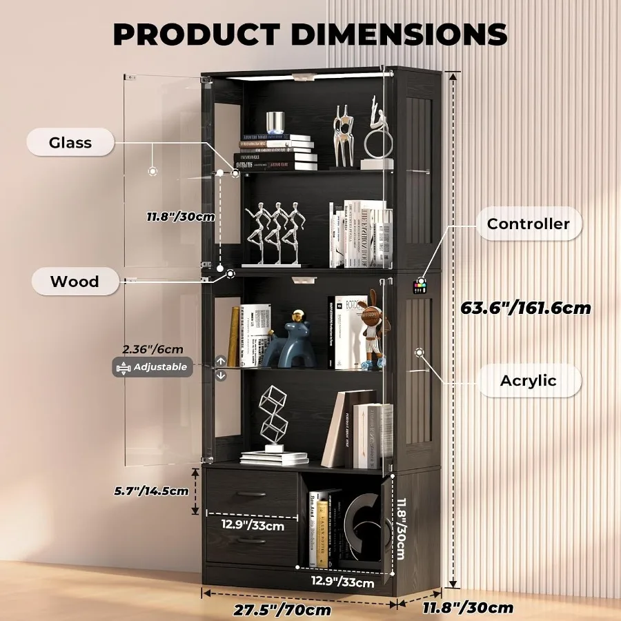 Glass display cabinet for retail and home use, tempered glass construction, black finish, RGB lighting and built-in storage dra