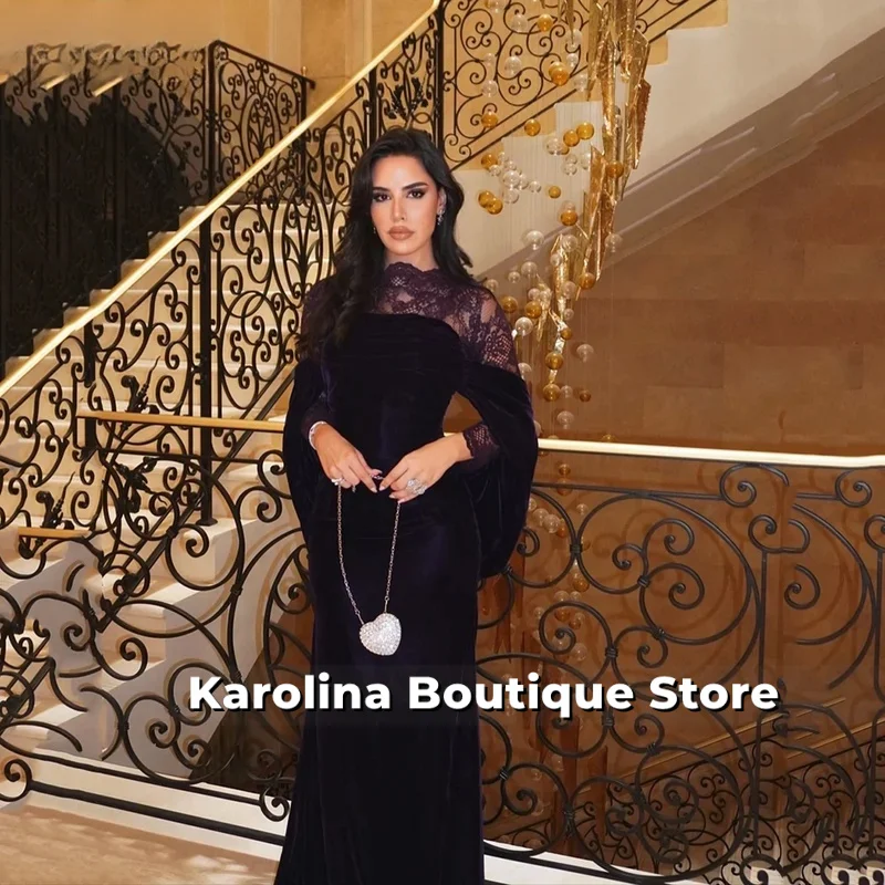 

Dark Purple Velvet Evening Dress O Neck Lace Cape Formal Occasion Dress Elegant Saui Arabia Prom Gowns Customized