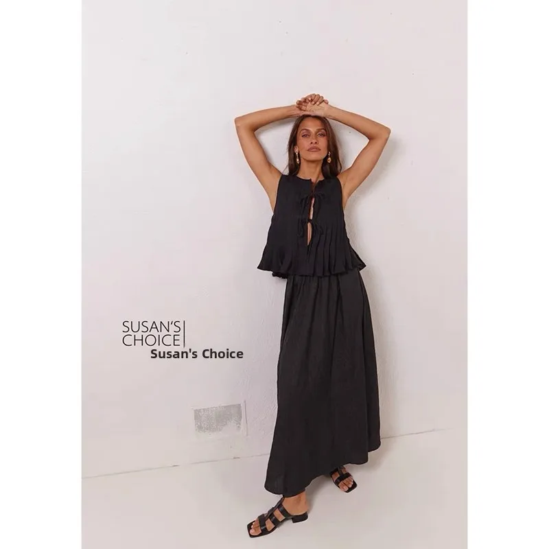 

Susan Australian Linen Hollow out Classic Tee Color Svel Belted Vest Skirt Set Women's Faion Summer Outfit