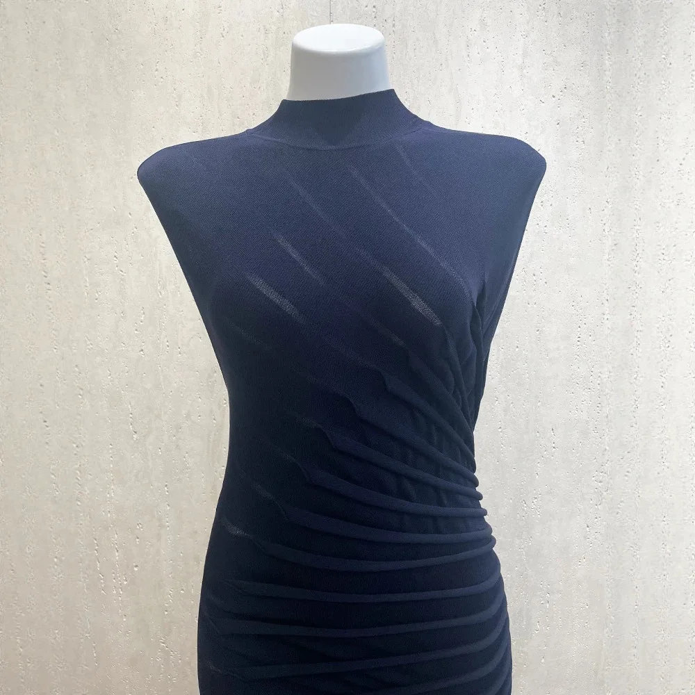 Women's Slim Fit Knitted Dress High Neck Sleeveless Asymmetrical Elegant Midi Robe