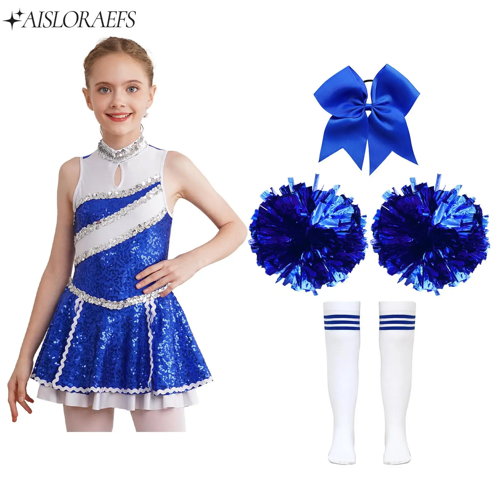 Shiny Sequins Kid Cheerleading Dance Outfit School Girl Cute Homecoming Season Sports Performance Party Carnival Fashion Costume