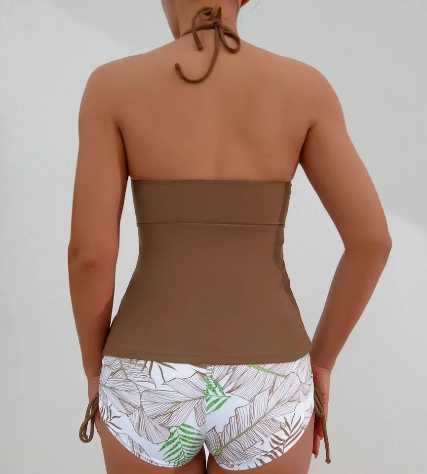 Conjunto de Tankini para mujer, traje de baño estampado con correa para el cuello, bragas de 2 piezas con cordón lateral, Tankini negro, ambiente femenino