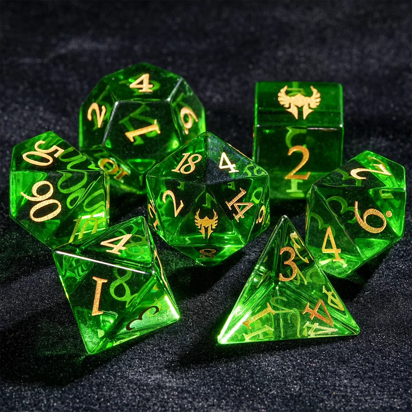 

7pcs DND Dice Green Glass Gemstone Dice Golden Word Dice Set Multi-sided Polyhedral Dice for D&D Game COC Role Playing RPG Table