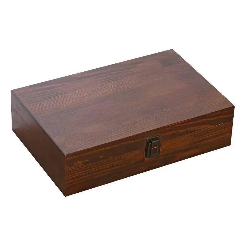 Black Walnut Colored Wooden Box With Lock Rectangular ID Desktop Flip Cover Chinese Style Home Wooden Antique Style Storage Case