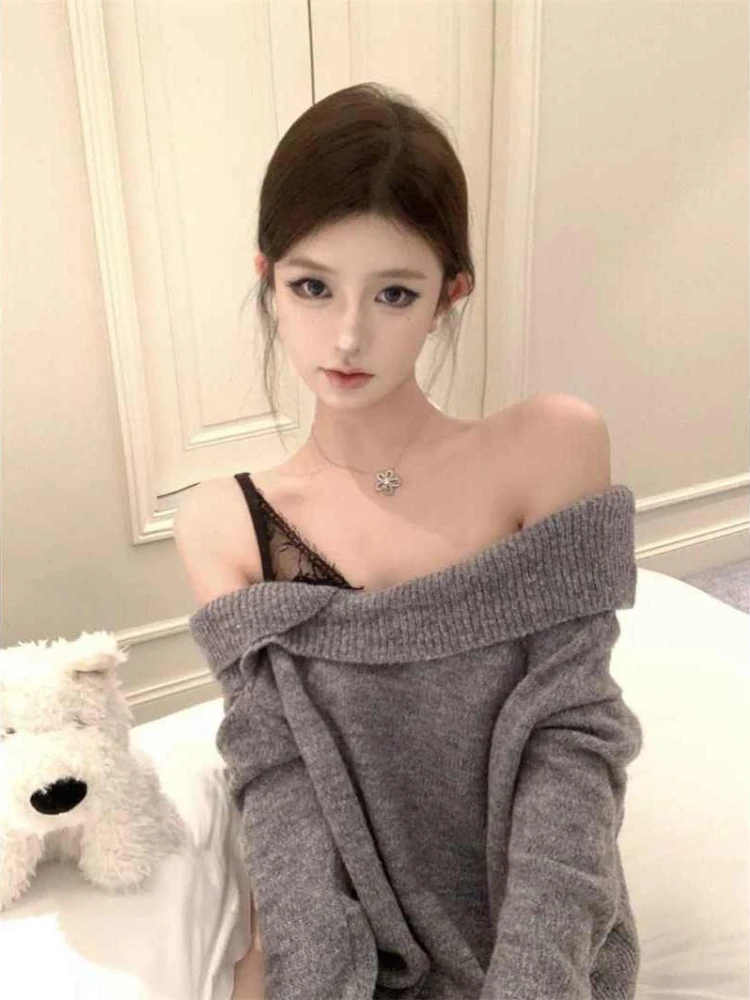 Autumn and Winter Fashion New Women's Elegant Knitted Hoodie One Shoulder Lace Strap Hot Girl Versatile Sweater Top  Jumper