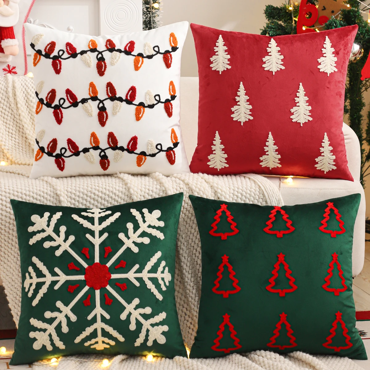 Embroidery Throw Pillow Cover Christmas Decoration Velvet Soft Christmas Tree Snowflake Winter Farmhouse Home Sofa Living Room