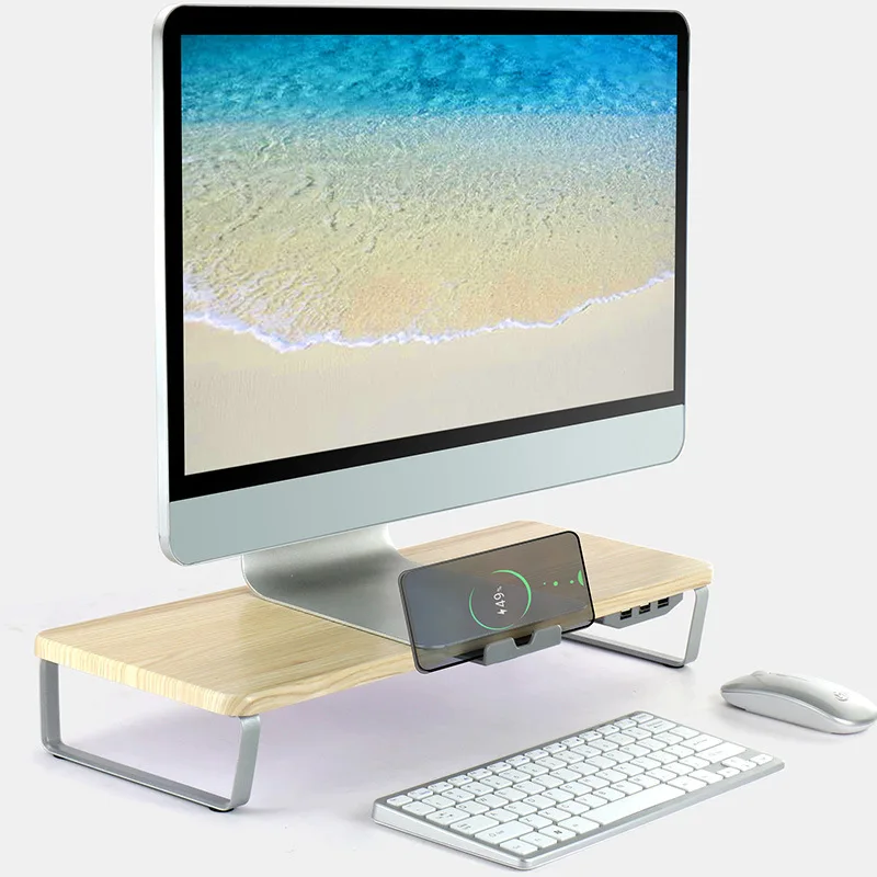 Rak Peninggi Monitor Tempat Laptop Tempat Desktop Dasar Kayu USB Pengisi Daya Ponsel Multifungsi