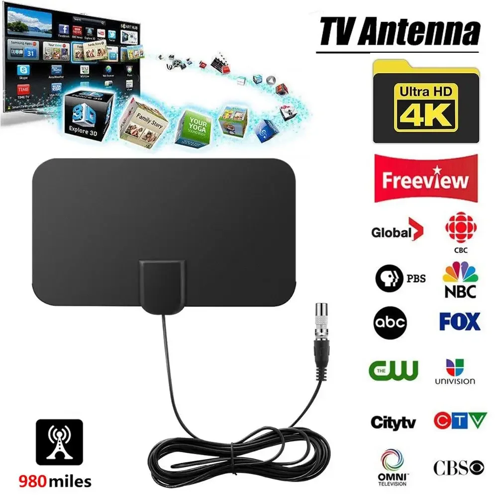 Antenne TV numérique 4K HD DTV Box à gain élevé, amplificateur de 980 Beauté, antenne intérieure active, design plat HD, haute qualité