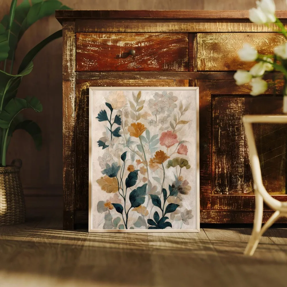 Vintage-style Floral Wall Art, Printable Earth-Toned Floral Patterns | Bohemian Pastoral Style Decoration, Canvas Material.