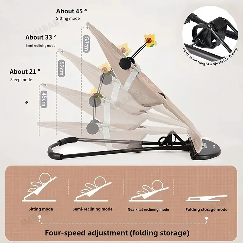 Adjustable Infant Rocker Bouncer, 4-Gear Foldable Baby Rocking Chair with Removable Toy Bar, Detachable Washable Cover for 0-12M