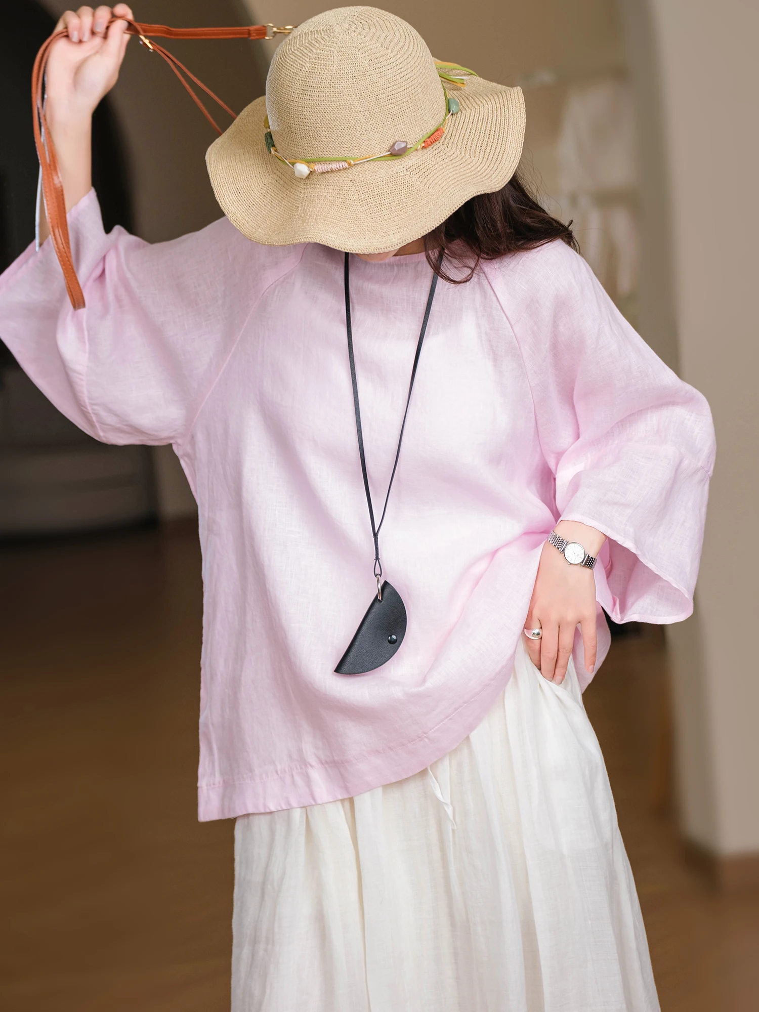 Loose Fit Linen round Neck Top Women's Style Casual Summer Fashion Shoulder Sleeve Insertion Color Woven Seven Quarter Sleeve