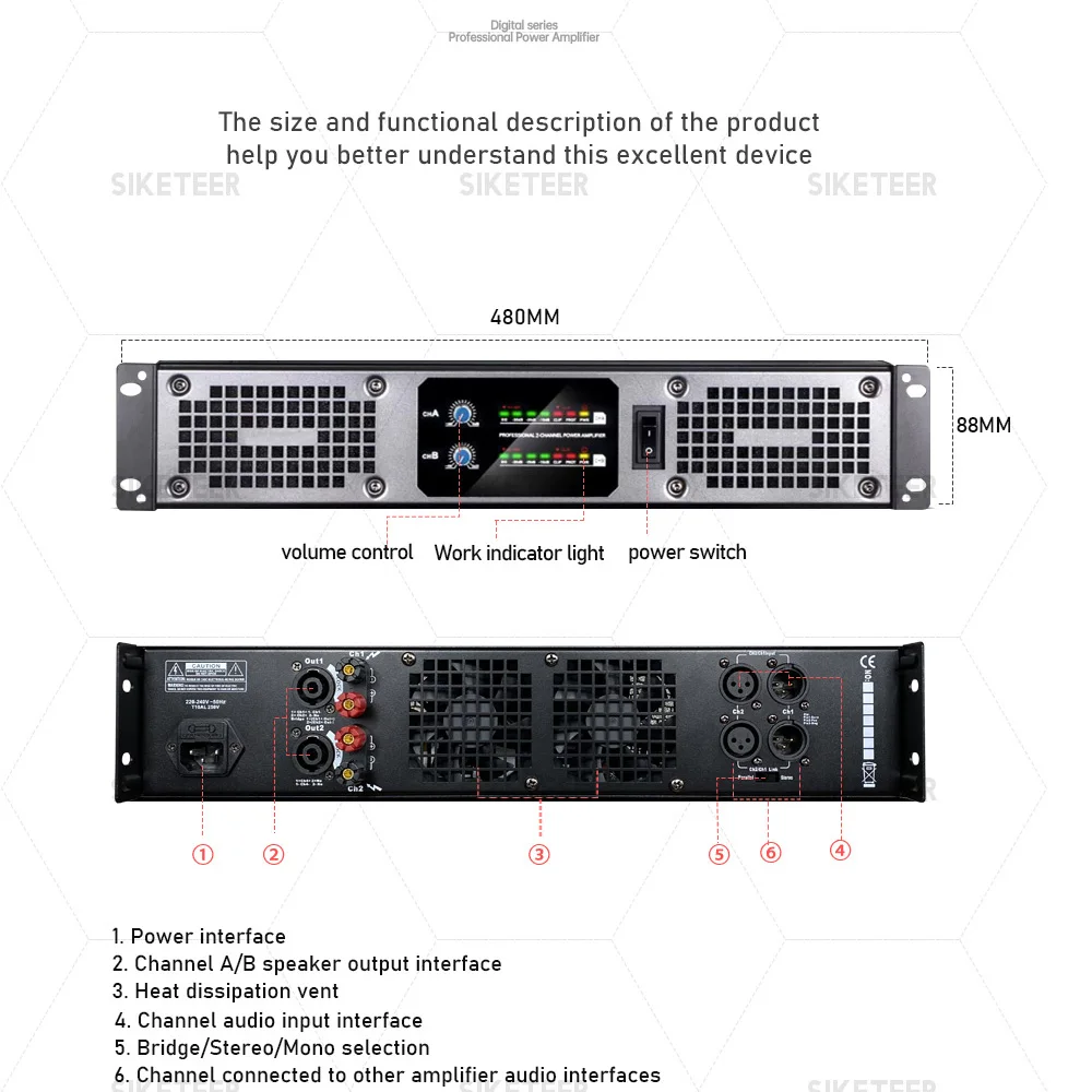 Professional Class D 4-channel 650W/850W/1100W digital power amplifier suitable for churches, karaoke, stage performances