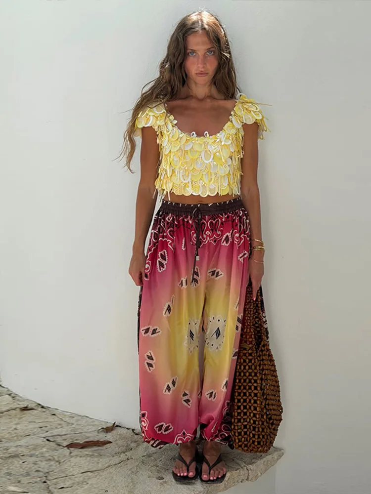 2026 Summer Autumn Casual Print Pleated Women's Trousers Beach Dropped Elastic Waist Wide Leg Pants Drawstring Holidays Lady New
