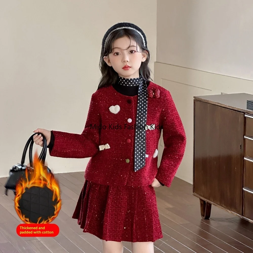 New Winter Cotton-padded French Dress for Girls, A Two-piece Thick Red Dress for Girls 120-170cm