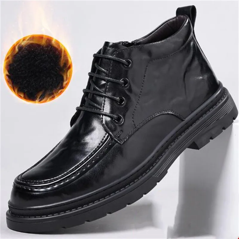 ZXRYXGS British Style Cowhide Lacquer Leather Winter Warm Men's Leather Boots 2024 Popular Casual Cotton Shoes Snow Boots Tide