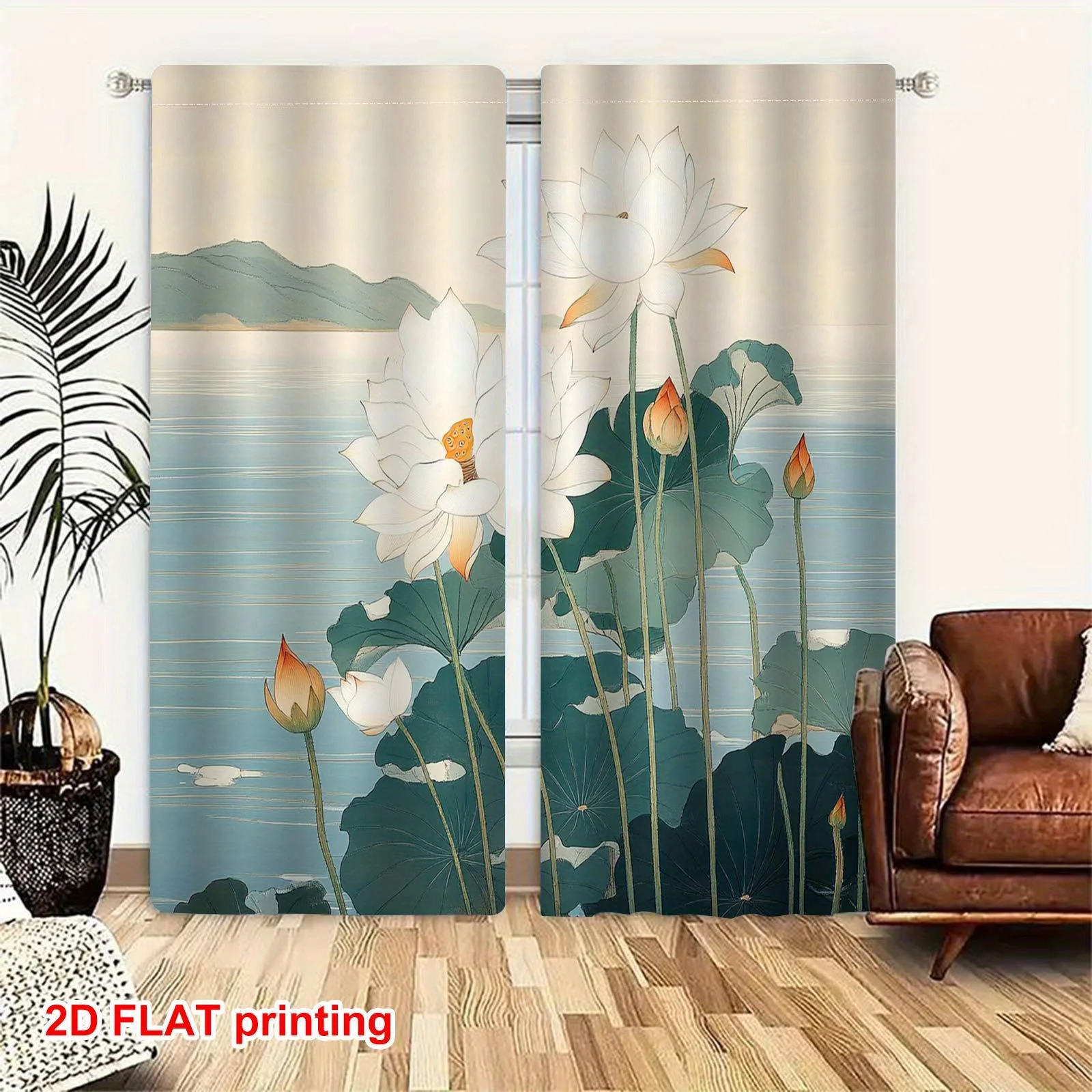 2pc Oriental landscape and lotus pattern curtains, made of polyester fabric machine washable, suitable for bedrooms living rooms