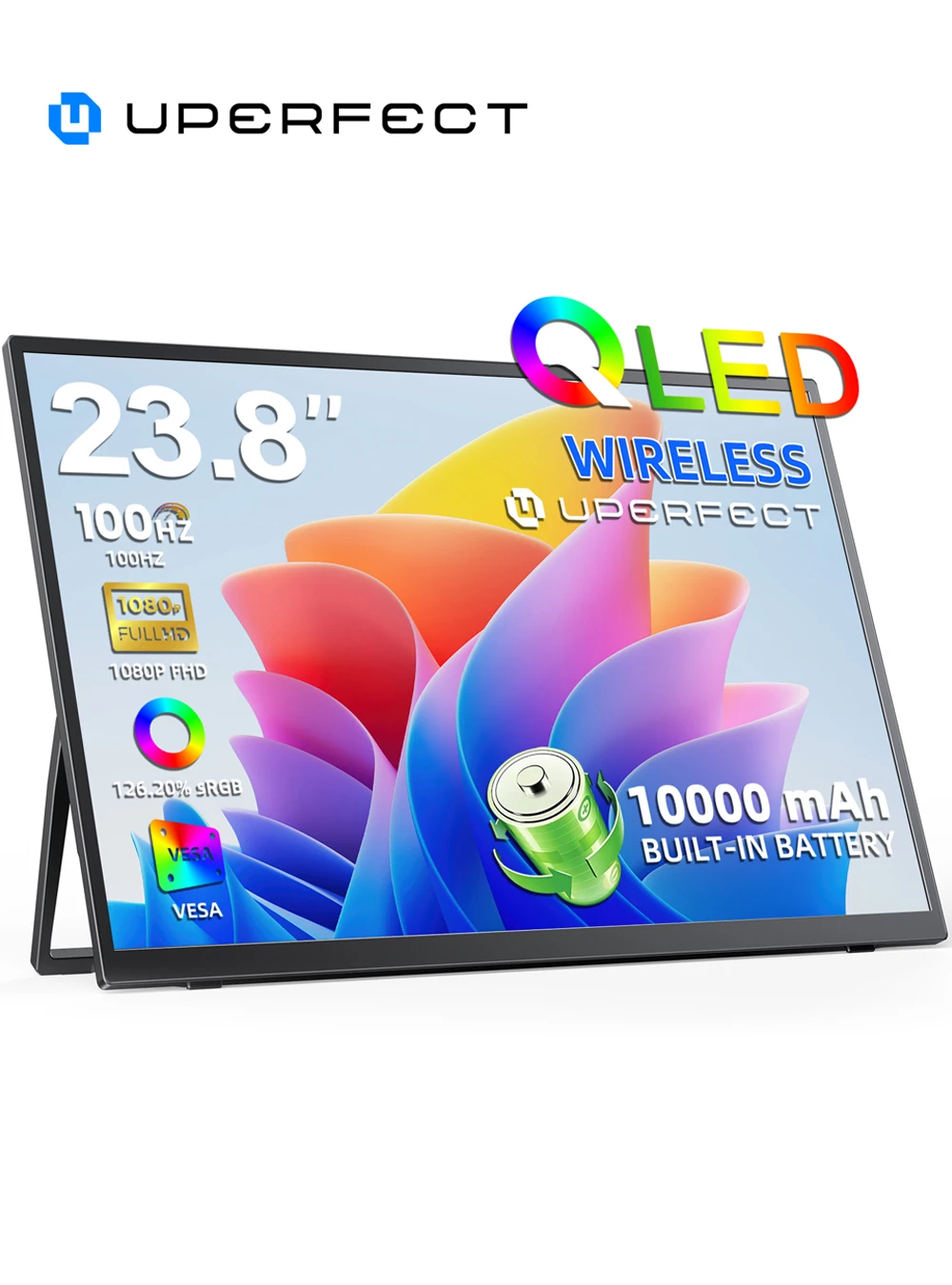 UPERFECT 23.8" 100Hz Wireless Monitor Build-in 10000mAh Battery Portable Display Travel Laptop External Screen for Mac PC Phone