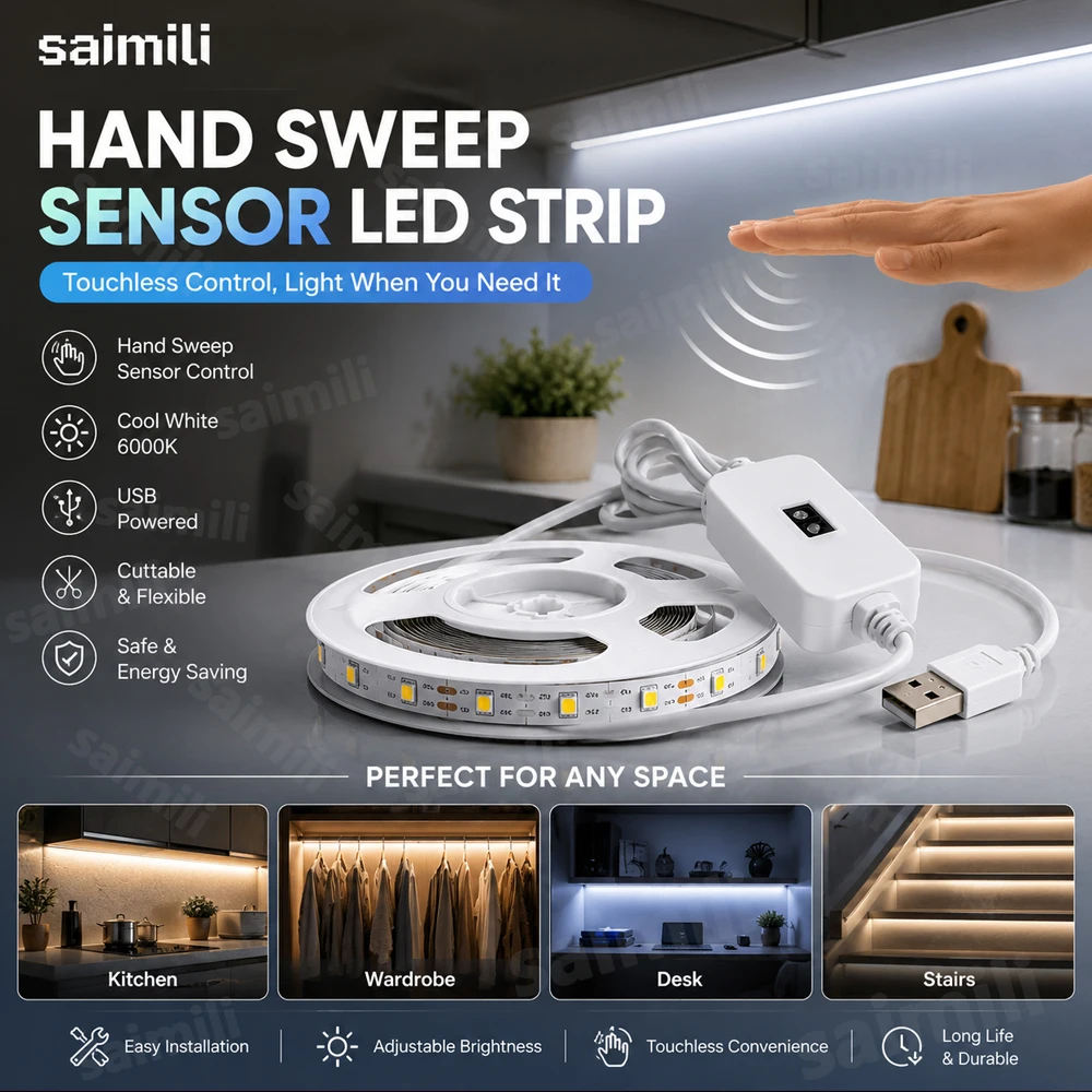 5V USB SMD2835 Flexible LED Strip Hand Sweep Motion Sensor Dimmable Tape Self Adhesive Lamp For TV Backlight Bathroom Mirror