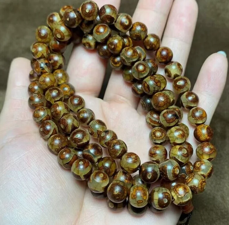 Tibetan Natural Old Patina Agate Dzi *3 Eyes* Buddha Beads Necklace M3052