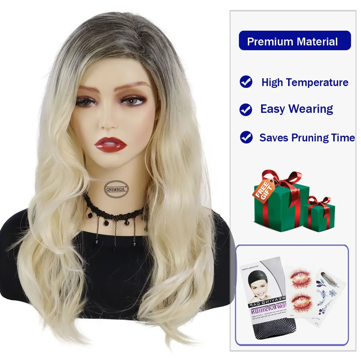 Ombre Blonde Wigs Synthetic Dark Root Long Wavy Curly Wigs with Bangs for Women Elegant Lady Daily Costume Party Heat Resistant