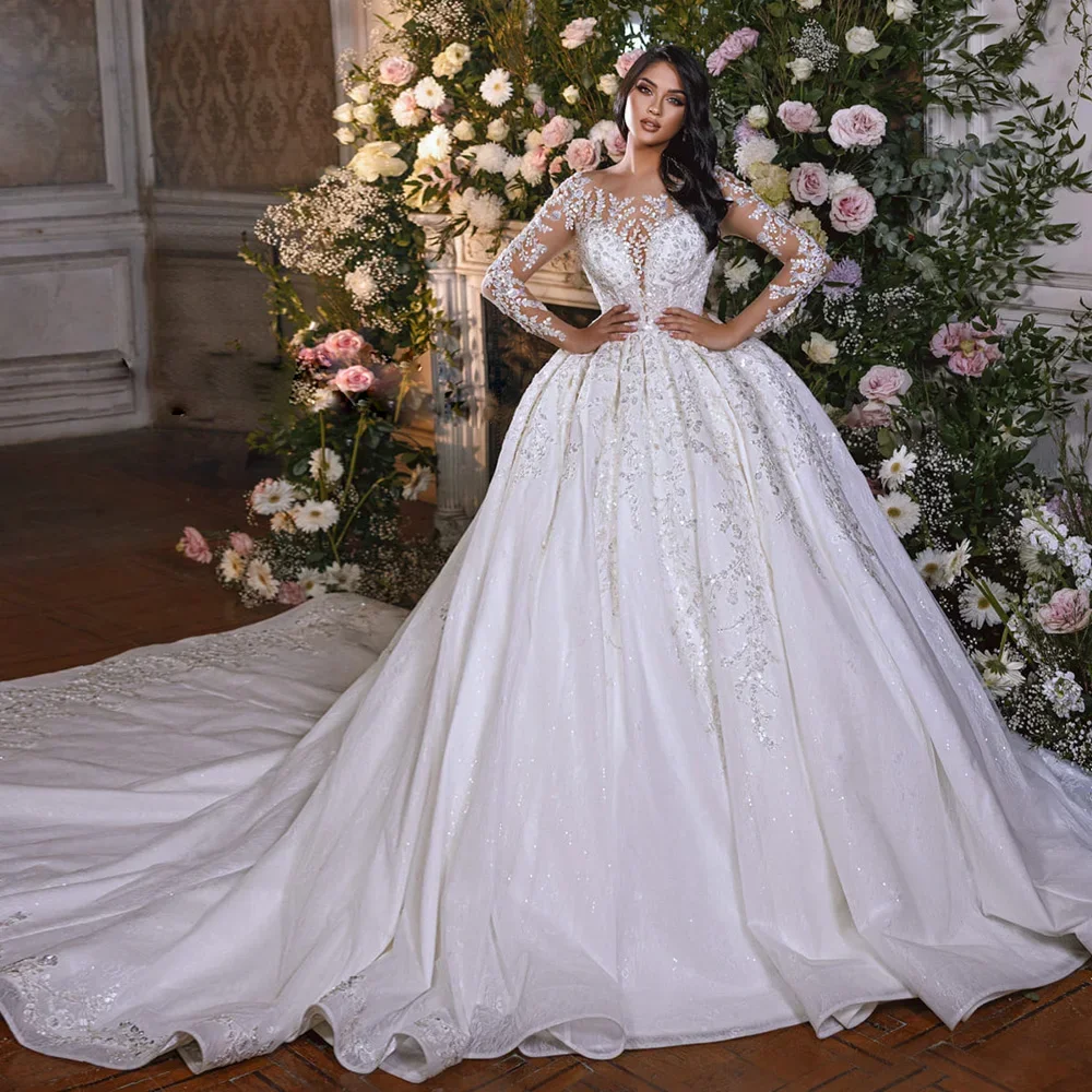 Gorgeous Wedding Dress 2026 Scoop Long Sleeves Beading Lace Flowers Birde Bridal Gowns Arabic Dubai Vestido De Novia