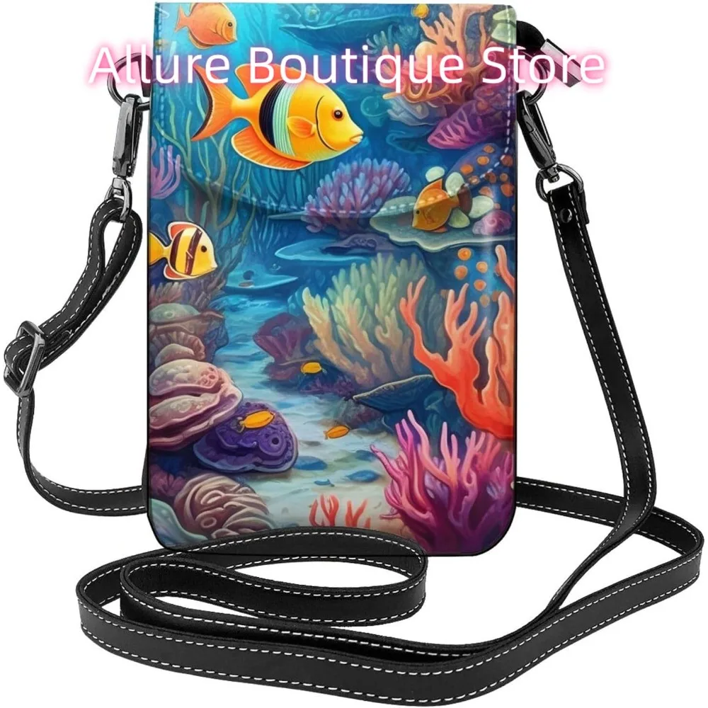 

Funny Underwater World Crossbody Bag for Women PU Leather Small Travel Cell Phone Pouch Lightweight Mini Phone Purse Wallet Cros
