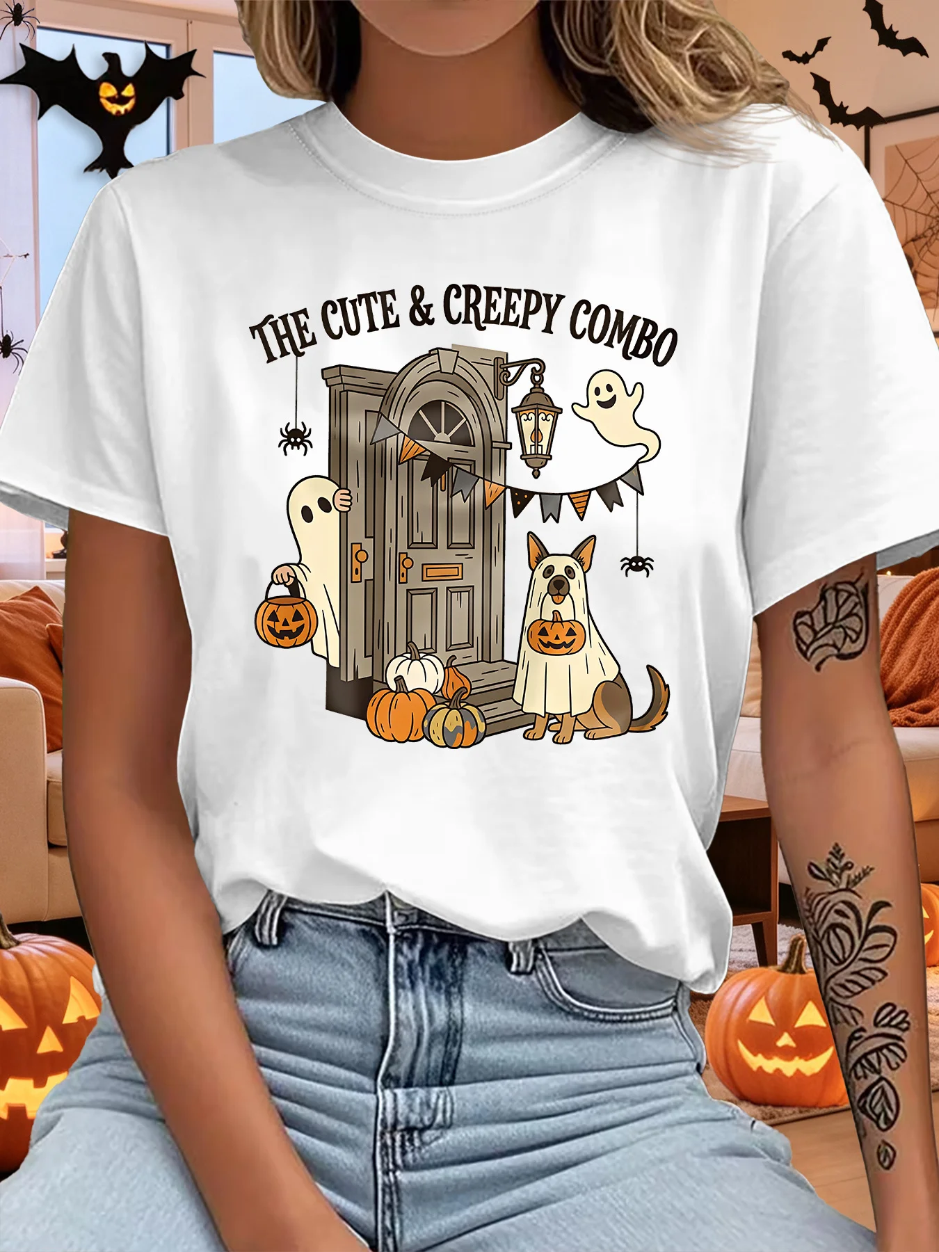 Cute Ghost Dog Halloween The Cute And Creepy Combo Art Print Graphic Ladies T Shirt Short Sleeve Crew Neck Casual Tee Tops