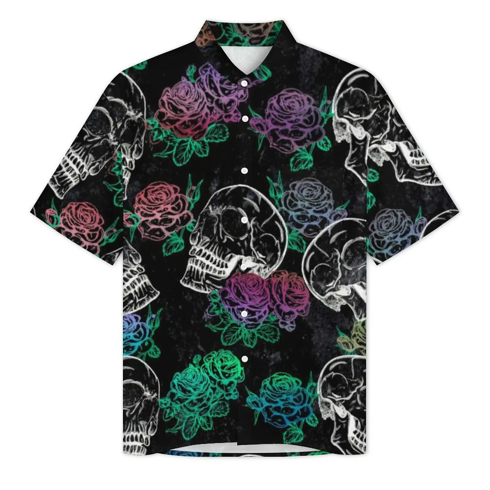 Floral Sugar Skull Casual Shirt Ombre Roses Retro Hawaiian Shirts Short Sleeve Vacation Korean Fashion Design Oversized Blouses