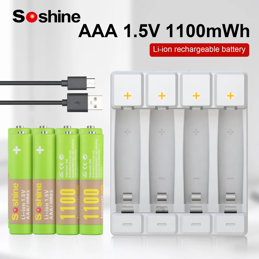 Soshine 1100mWh 1.5V AAA Li-Ion Rechargeable Battery 3A lithium Batteries and Li-ion AA AAA Smart Rechargeable Batteries Charger