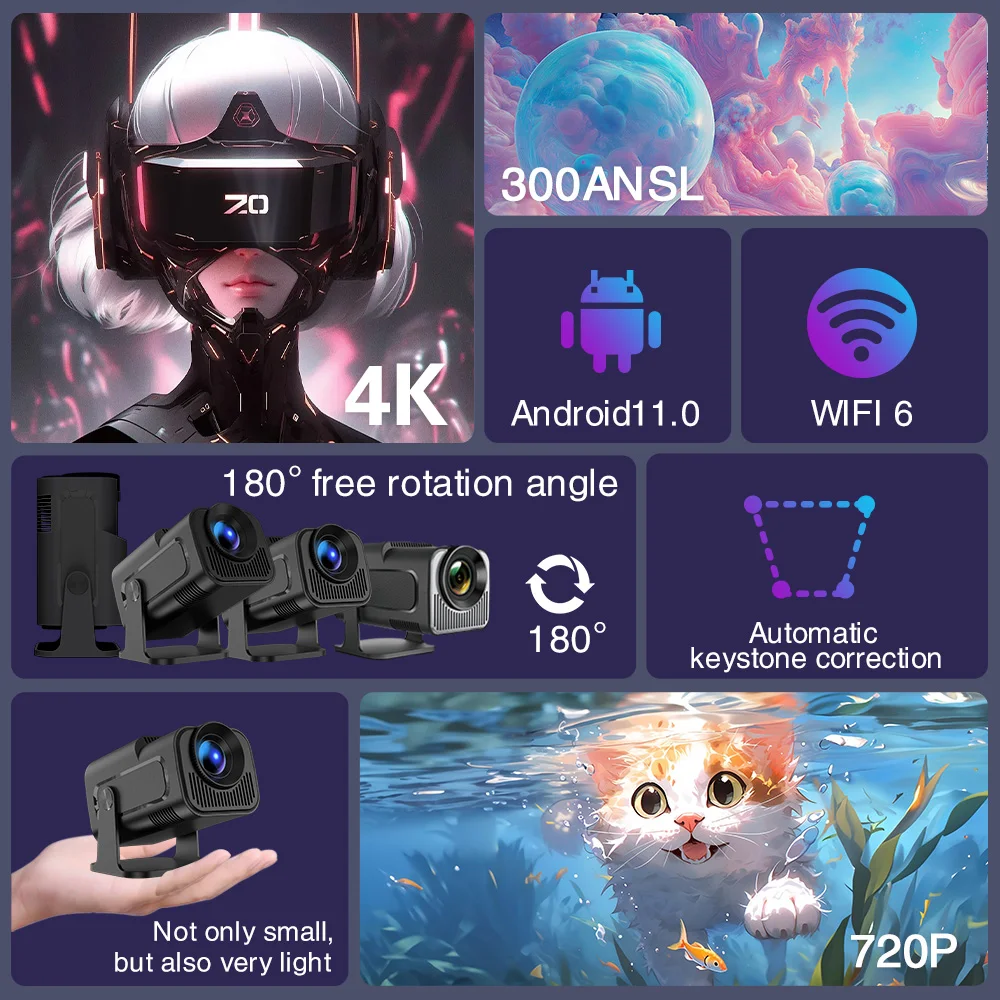 Velecライセンス取得済みプロジェクターHY320 MINI Android 11 300ANSI 1080P Allwinner H713 WIFi6.0 BT5.0 ミニ4Kプロジェクター