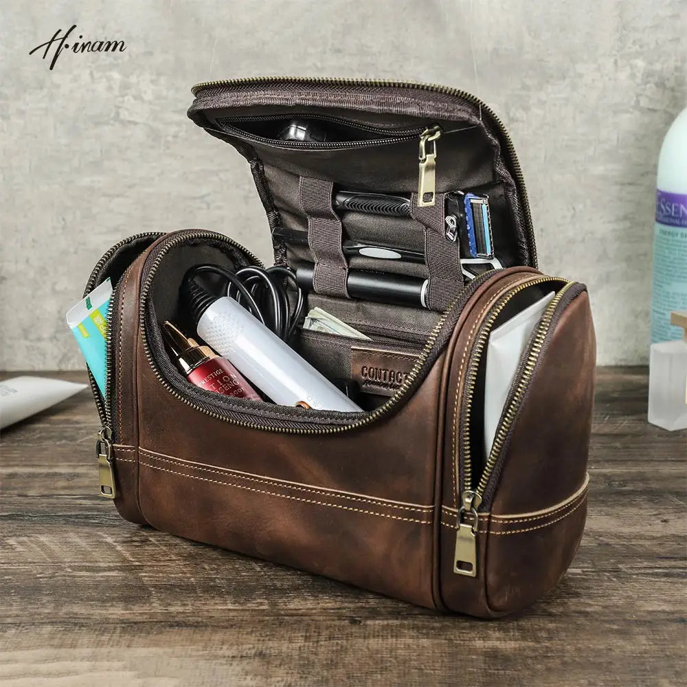 Men Genuine Leather Travel Business Toiletry Shaving Bag Women Retro Cosmetic Washing Shower Organizer Handbag Large Capacity