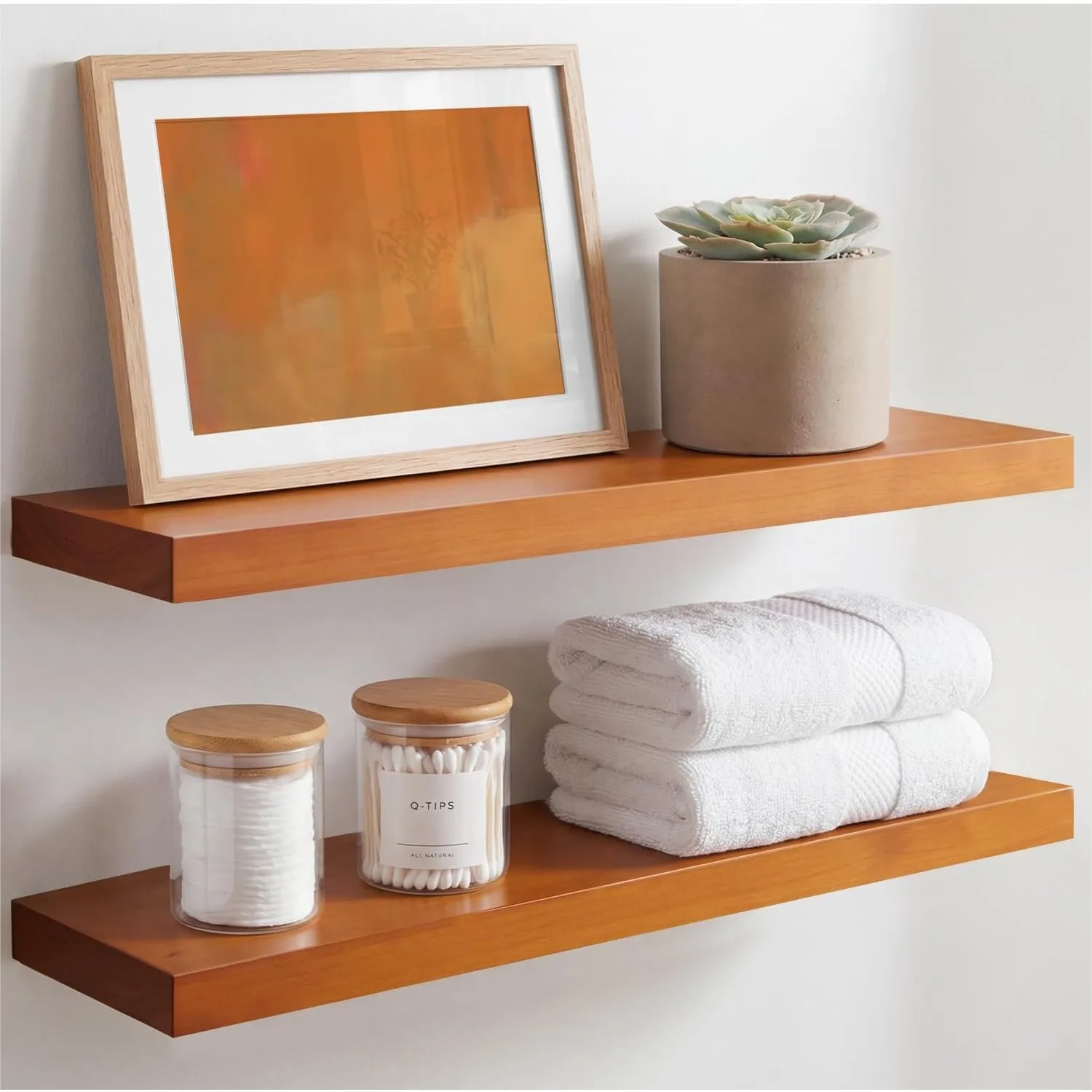 

24 Inch Oak Floating Shelf for Wall, High End Solid Real Wood Shelves, Heavy Duty Bracket Holds 50 lbs, Set of 2
