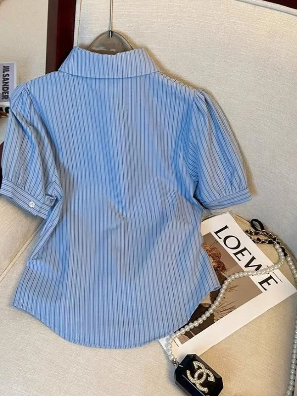 

Retro Striped ort Sve Embroidered Slim Fit Women's irt Korean Sle Commute Faion Summer New Arrival Collar