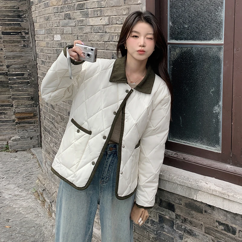 

Весенне-осенняя тонкая хлопковая куртка свободного кроя больших размеров с круглым вырезом в корейском стиле, зимнее короткое хлопковое пальто для женщин