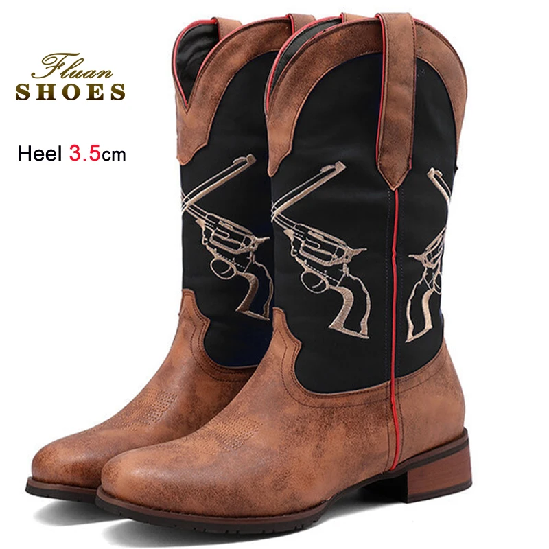 

Autumn Winter Retro Embroidery Women's Knight Boots Round-toe Ladies Mid-calf Boots Coarse Med Heels 3.5cm Slip-on Boots Size 43
